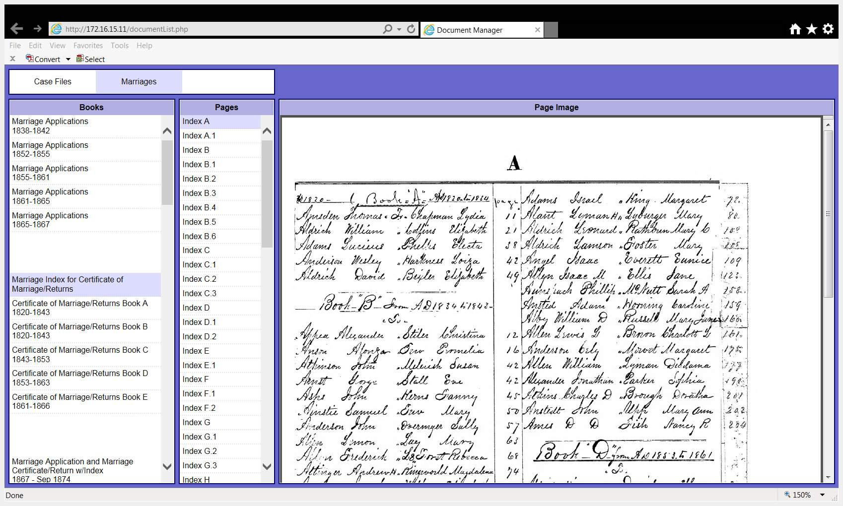 Screenshot of Henschen CMS showing Marriage Index with Amsden Thomas entry in Book A page 11